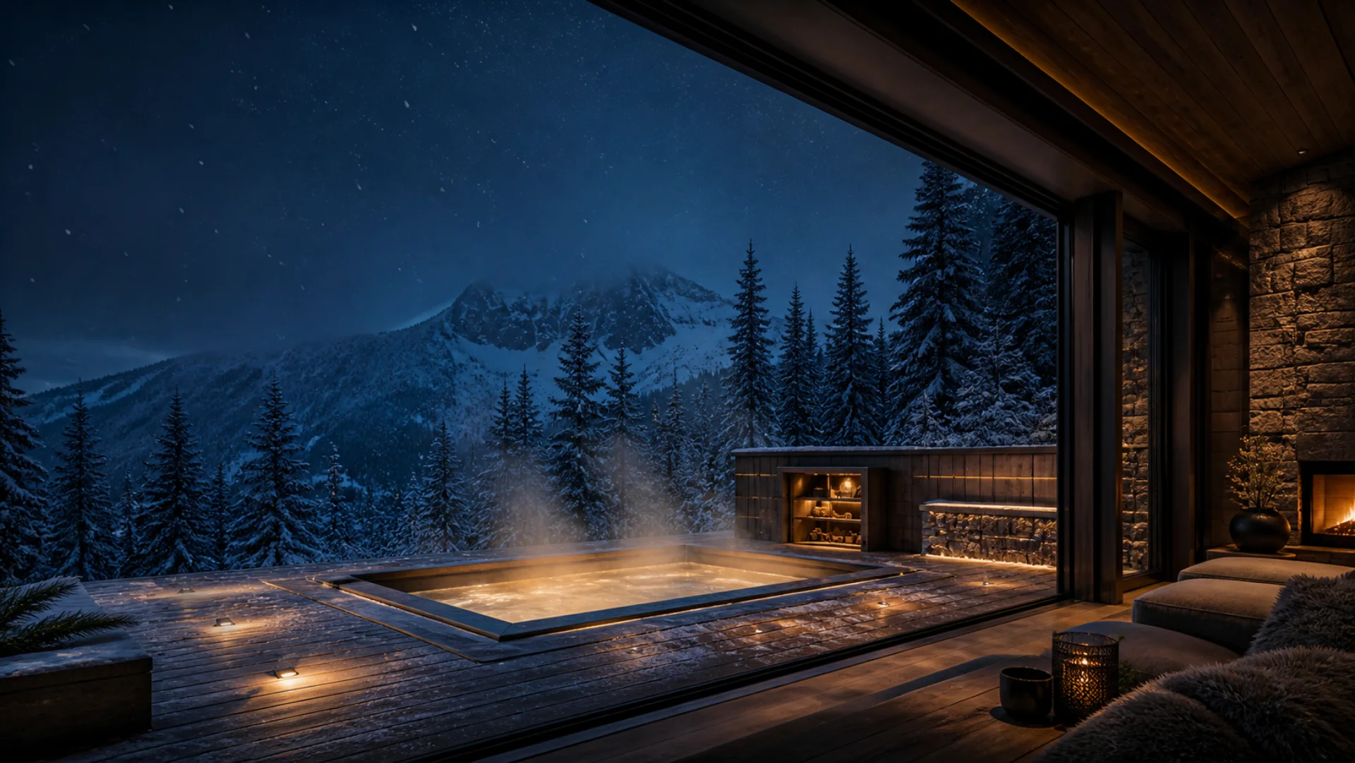 AI concept visualization of a steaming spa on a snowy Whistler chalet terrace